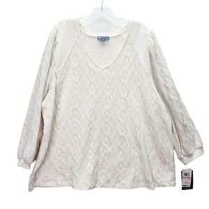 Democracy Sweater Plus 2X White Cable Knit V-Neck Textured Long Sleeve Pullover‎